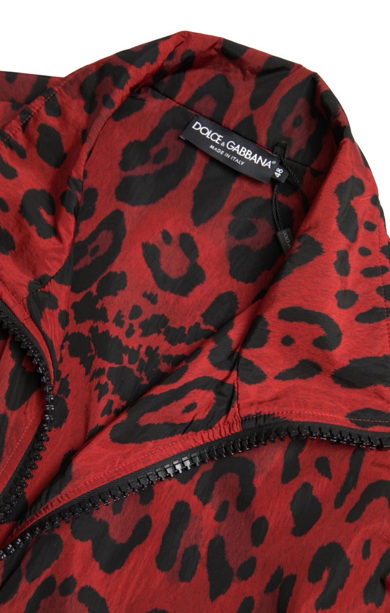 Suéter Dolce & Gabbana vermelho com estampa de leopardo em náilon e zíper frontal