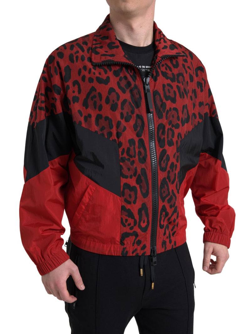 Suéter Dolce & Gabbana vermelho com estampa de leopardo em náilon e zíper frontal