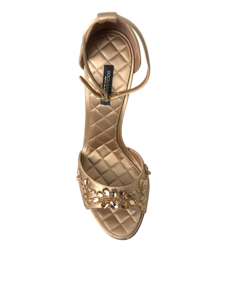 Sandales dorées en satin à bride cheville et cristaux Dolce & Gabbana