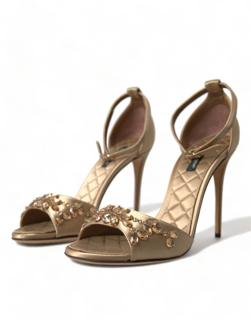 Sandales dorées en satin à bride cheville et cristaux Dolce & Gabbana