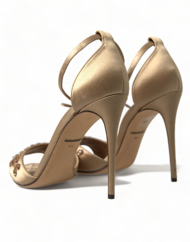 Sandales dorées en satin à bride cheville et cristaux Dolce & Gabbana