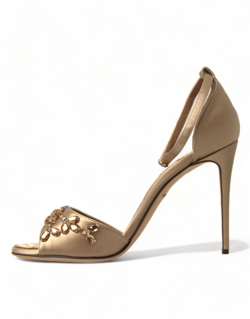Sandales dorées en satin à bride cheville et cristaux Dolce & Gabbana