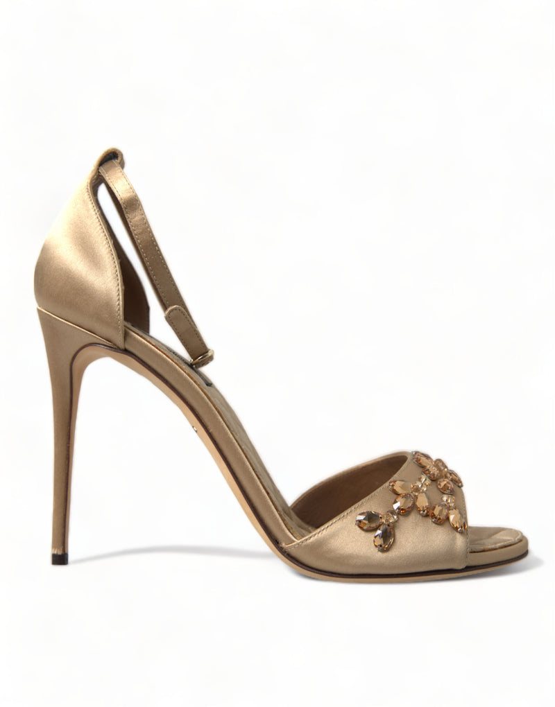 Sandales dorées en satin à bride cheville et cristaux Dolce & Gabbana