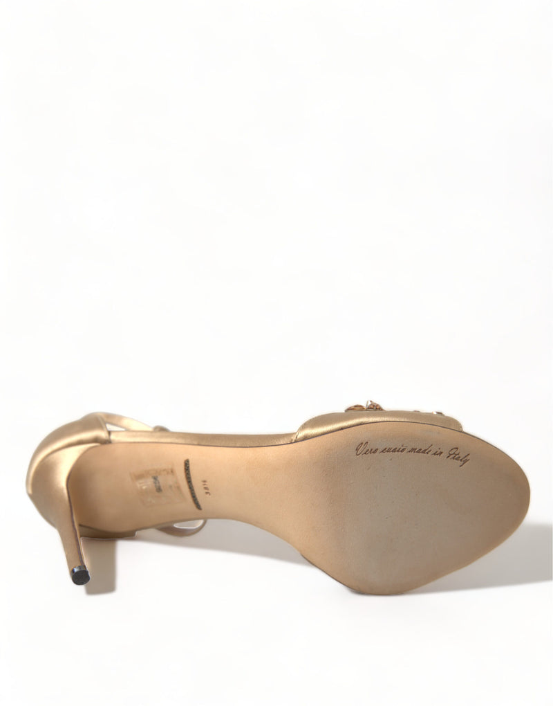 Sandales dorées en satin à bride cheville et cristaux Dolce & Gabbana