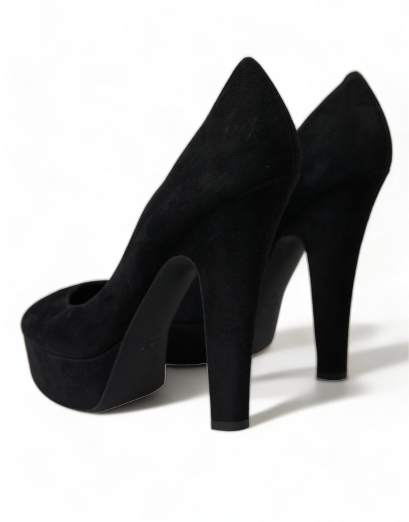 Dolce & Gabbana Black Suede Leather Platform Heel Pumps Shoes