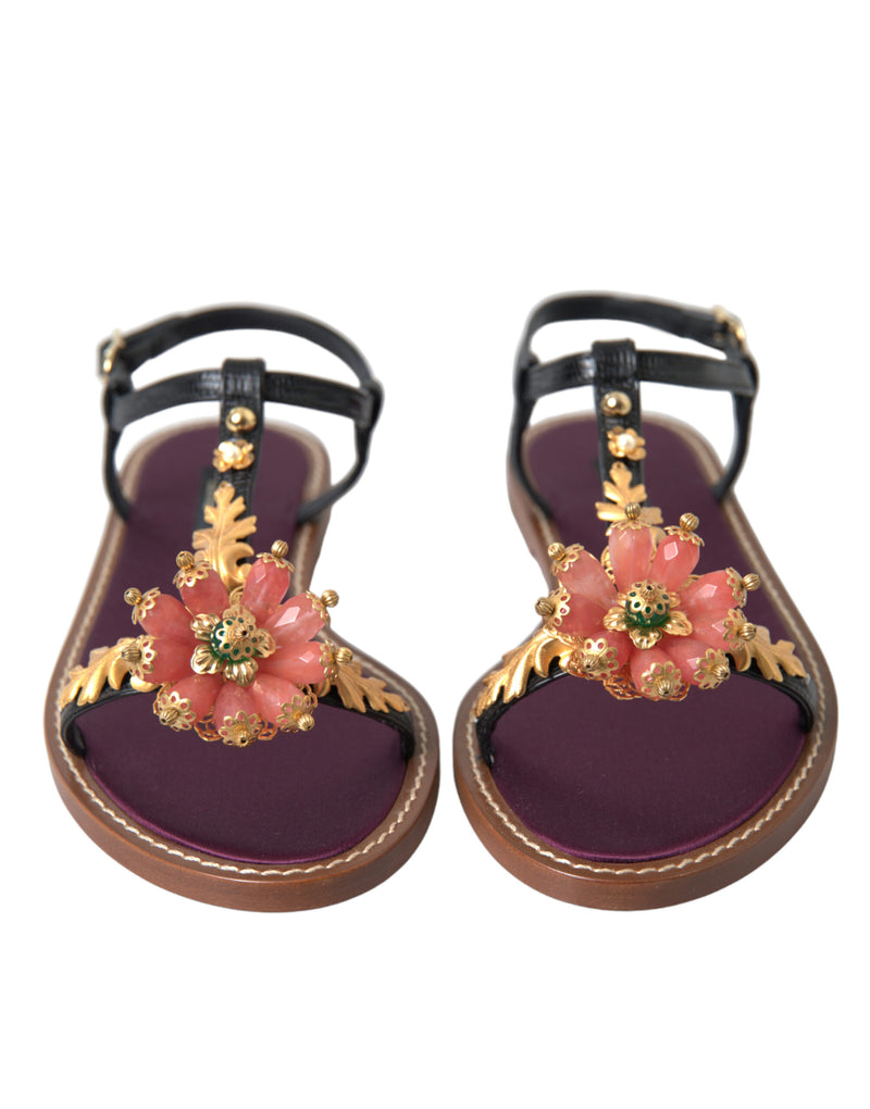 Sandalias de cuero negro con cristales dorados de Dolce & Gabbana