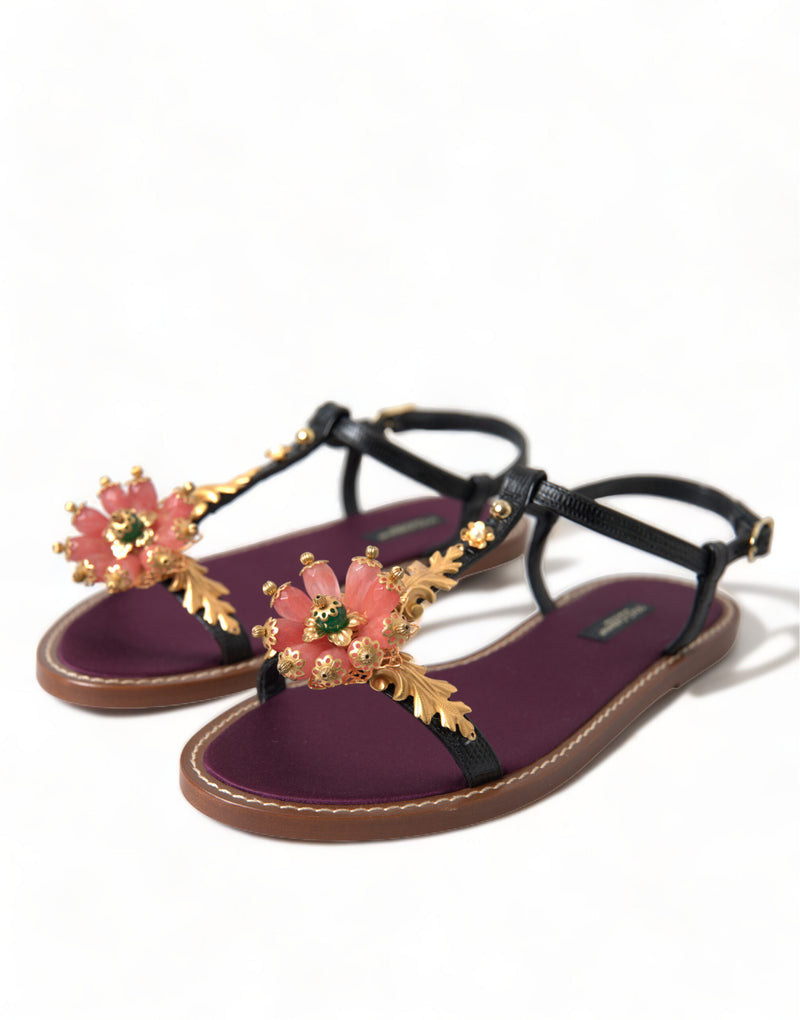 Sandalias de cuero negro con cristales dorados de Dolce & Gabbana