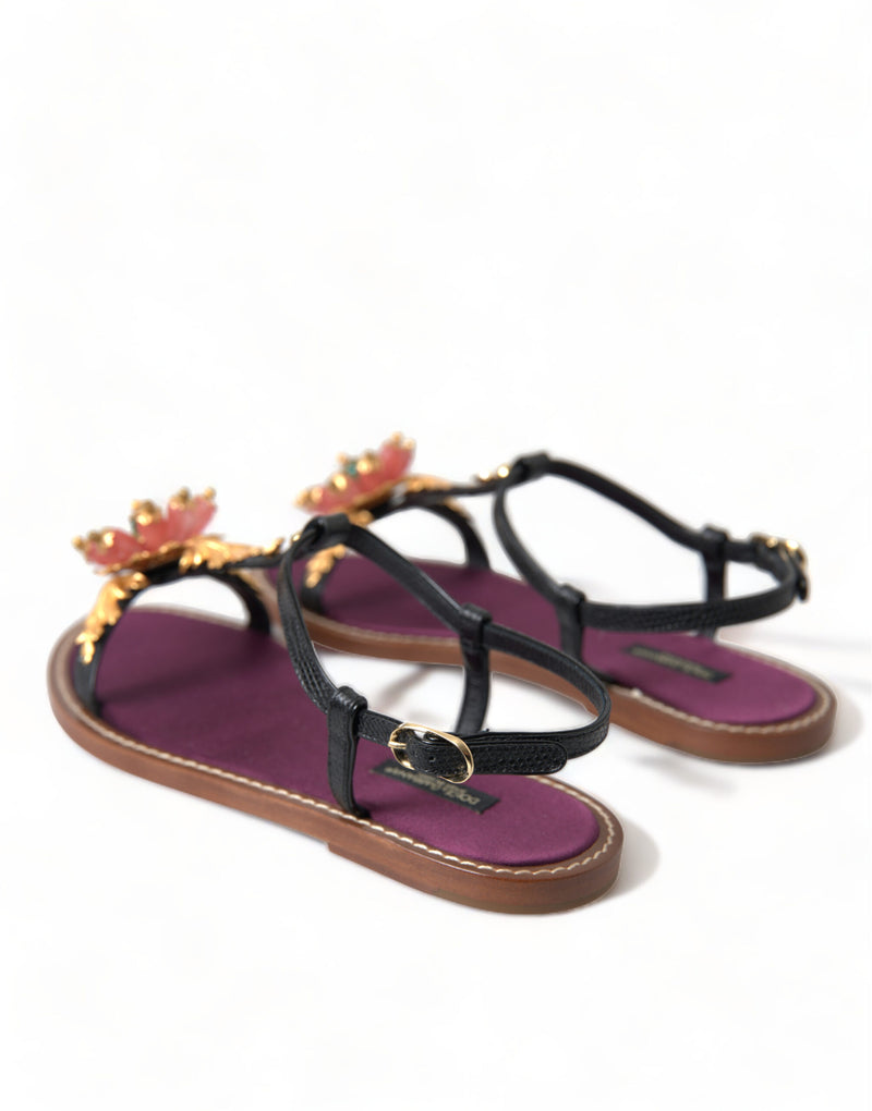 Sandalias de cuero negro con cristales dorados de Dolce & Gabbana