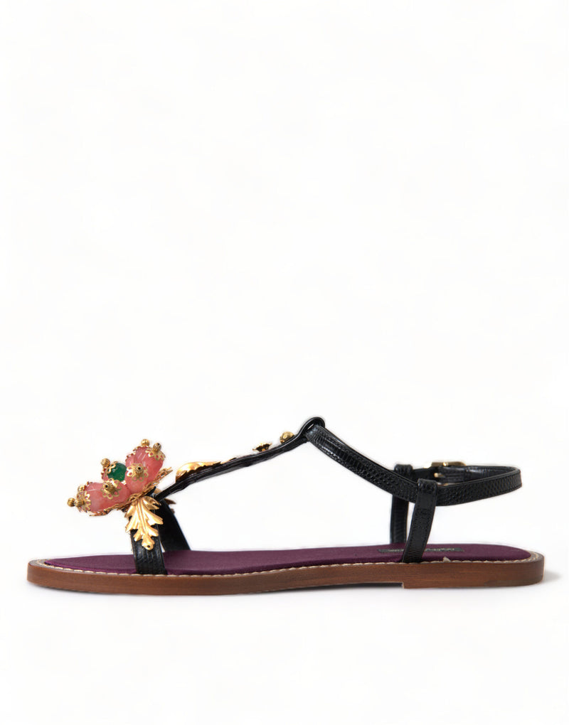 Sandalias de cuero negro con cristales dorados de Dolce & Gabbana
