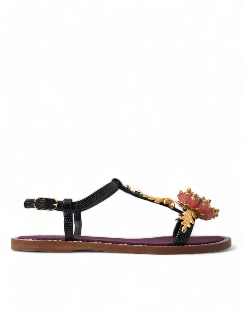 Sandalias de cuero negro con cristales dorados de Dolce & Gabbana