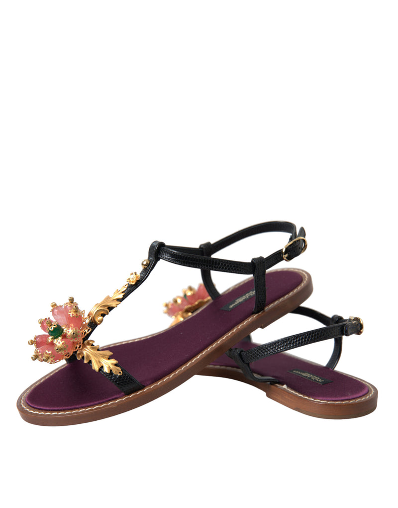 Sandalias de cuero negro con cristales dorados de Dolce & Gabbana