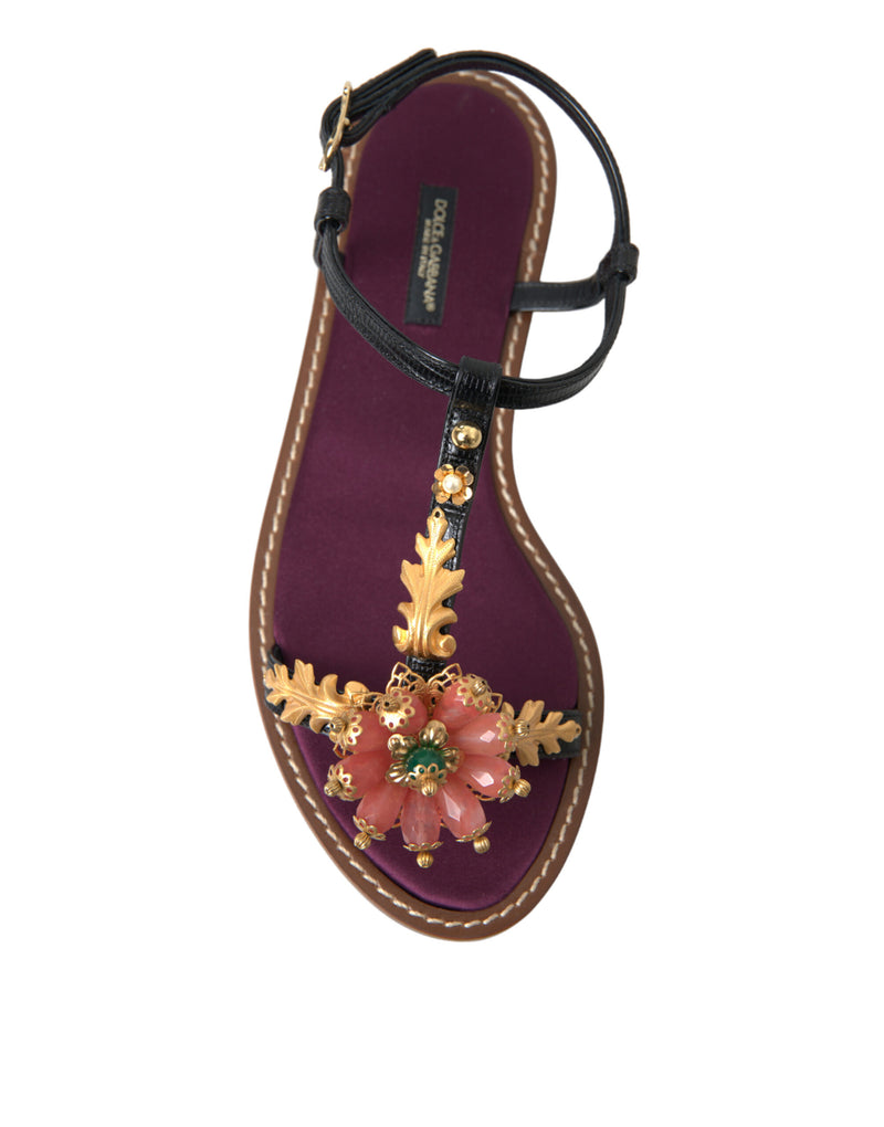 Sandalias de cuero negro con cristales dorados de Dolce & Gabbana