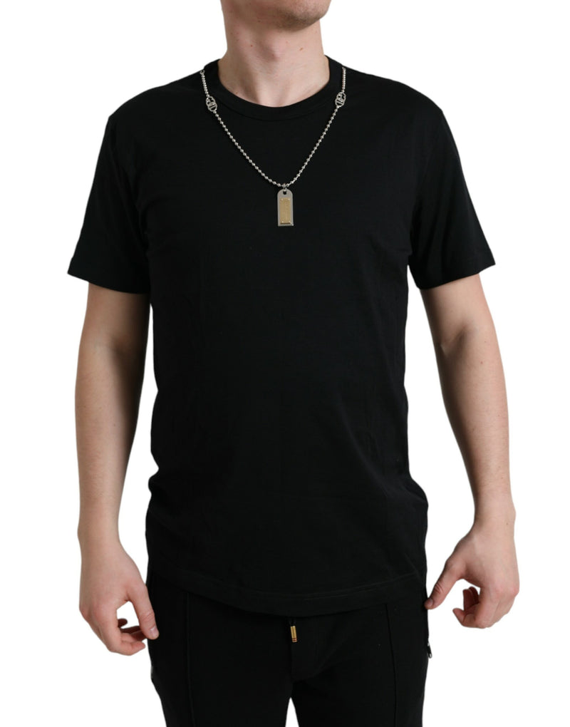 Camiseta preta de algodão com pingente dog tag e gola redonda Dolce & Gabbana
