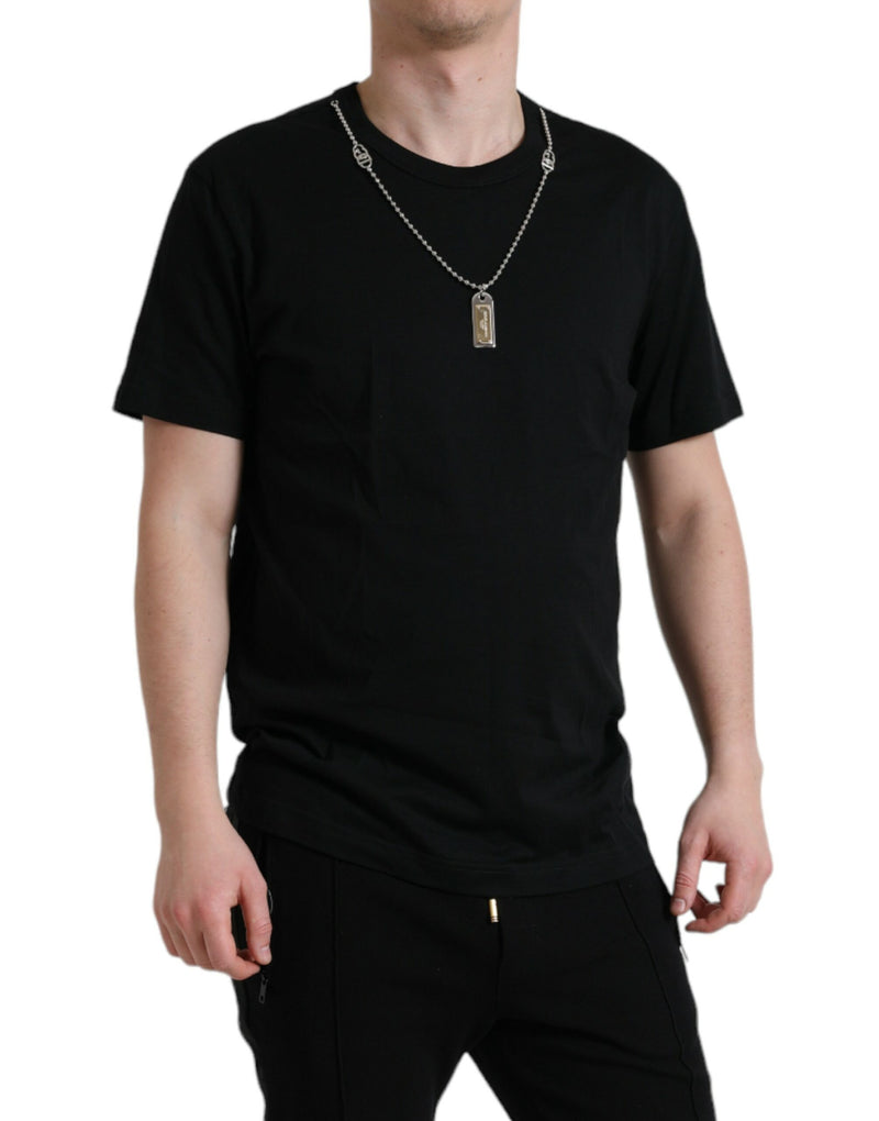 Camiseta preta de algodão com pingente dog tag e gola redonda Dolce & Gabbana