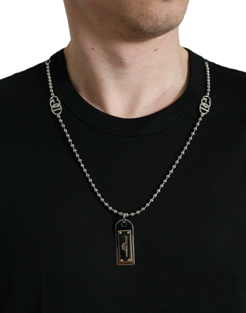 Camiseta preta de algodão com pingente dog tag e gola redonda Dolce & Gabbana