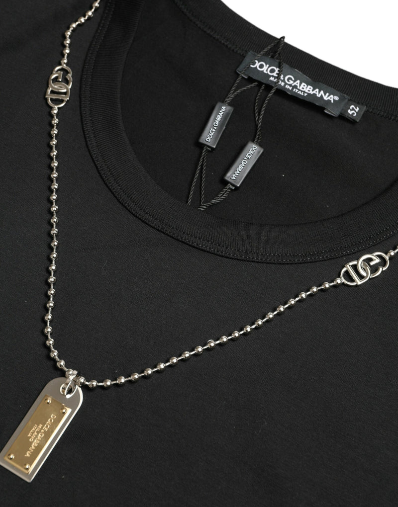 Camiseta preta de algodão com pingente dog tag e gola redonda Dolce & Gabbana