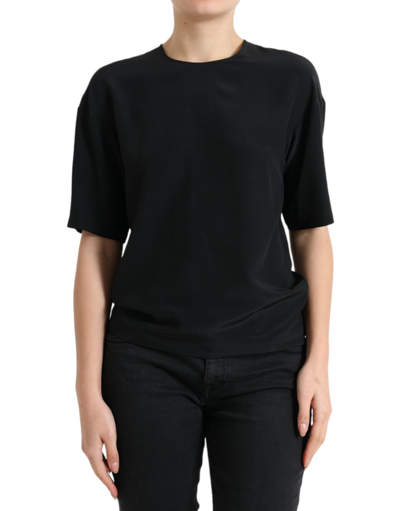 Blusa Dolce & Gabbana preta de seda, com gola redonda e mangas curtas