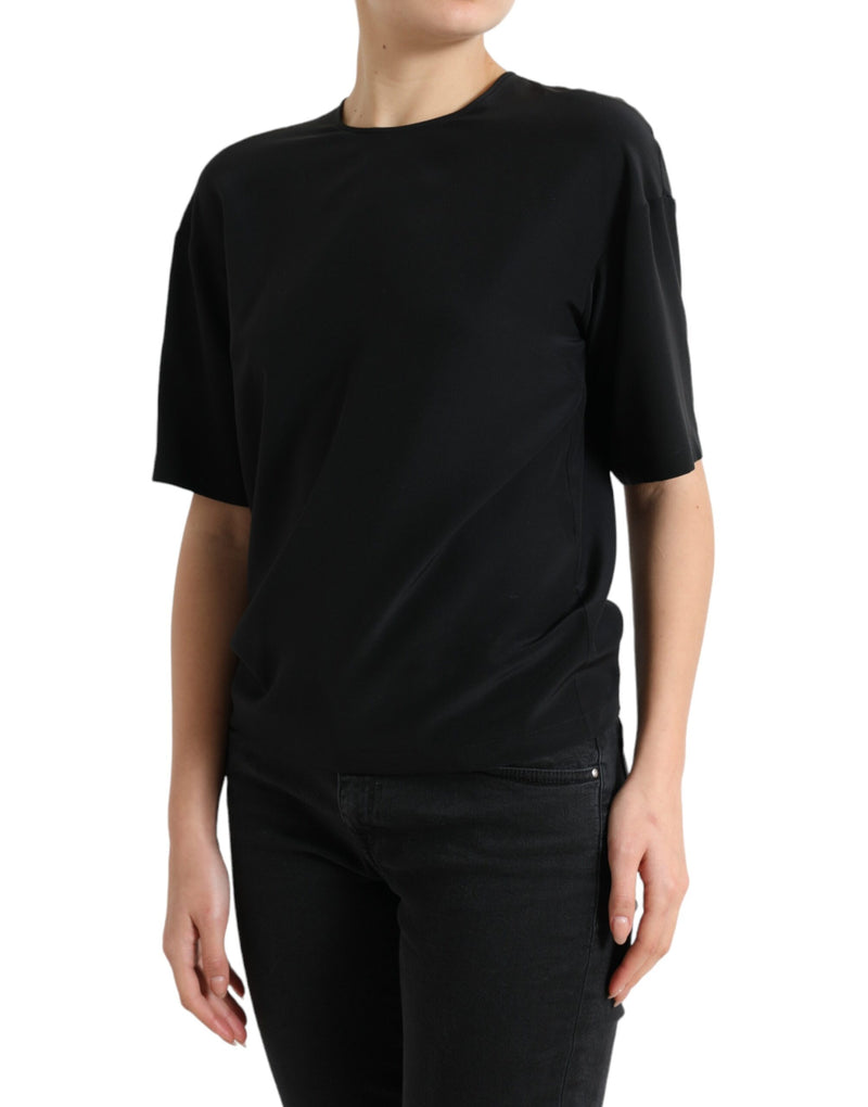 Blusa Dolce & Gabbana preta de seda, com gola redonda e mangas curtas