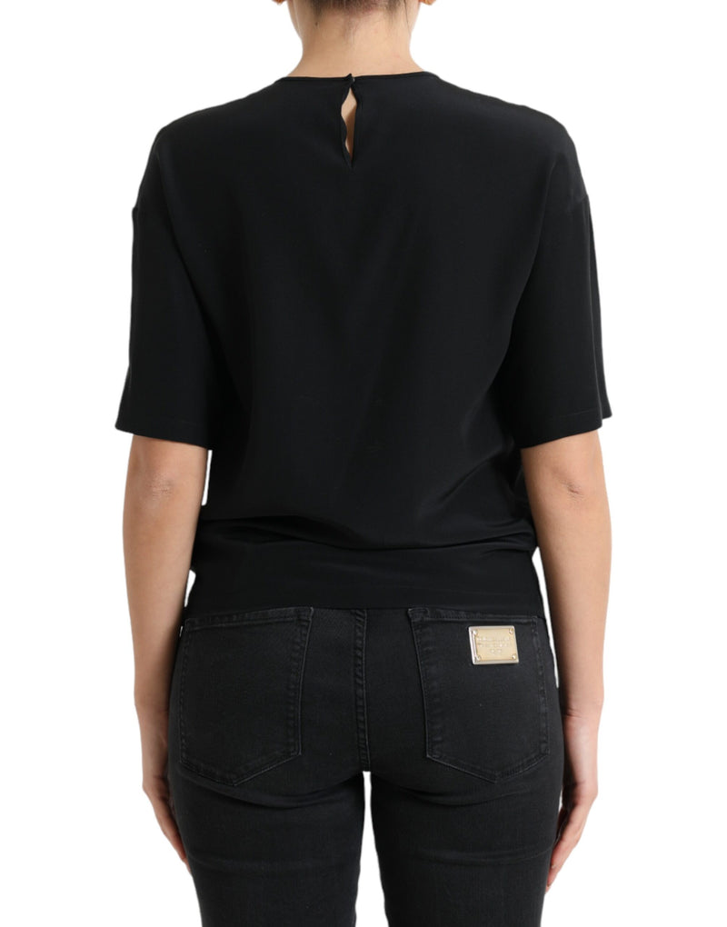 Blusa Dolce & Gabbana preta de seda, com gola redonda e mangas curtas