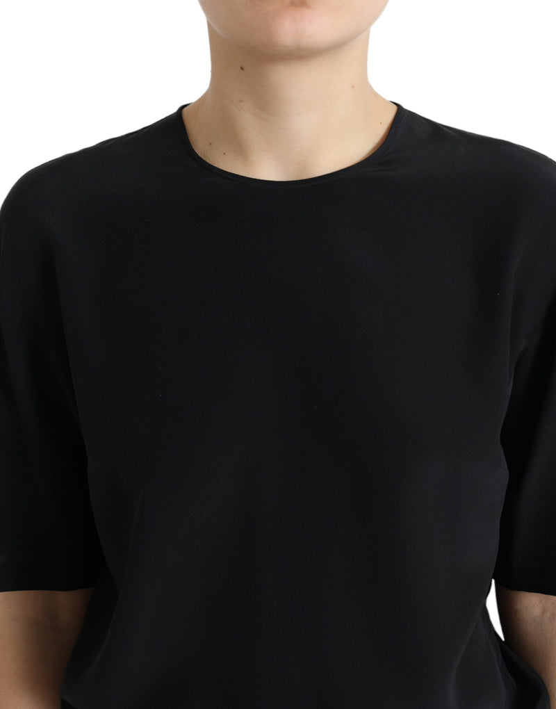 Blusa Dolce & Gabbana preta de seda, com gola redonda e mangas curtas