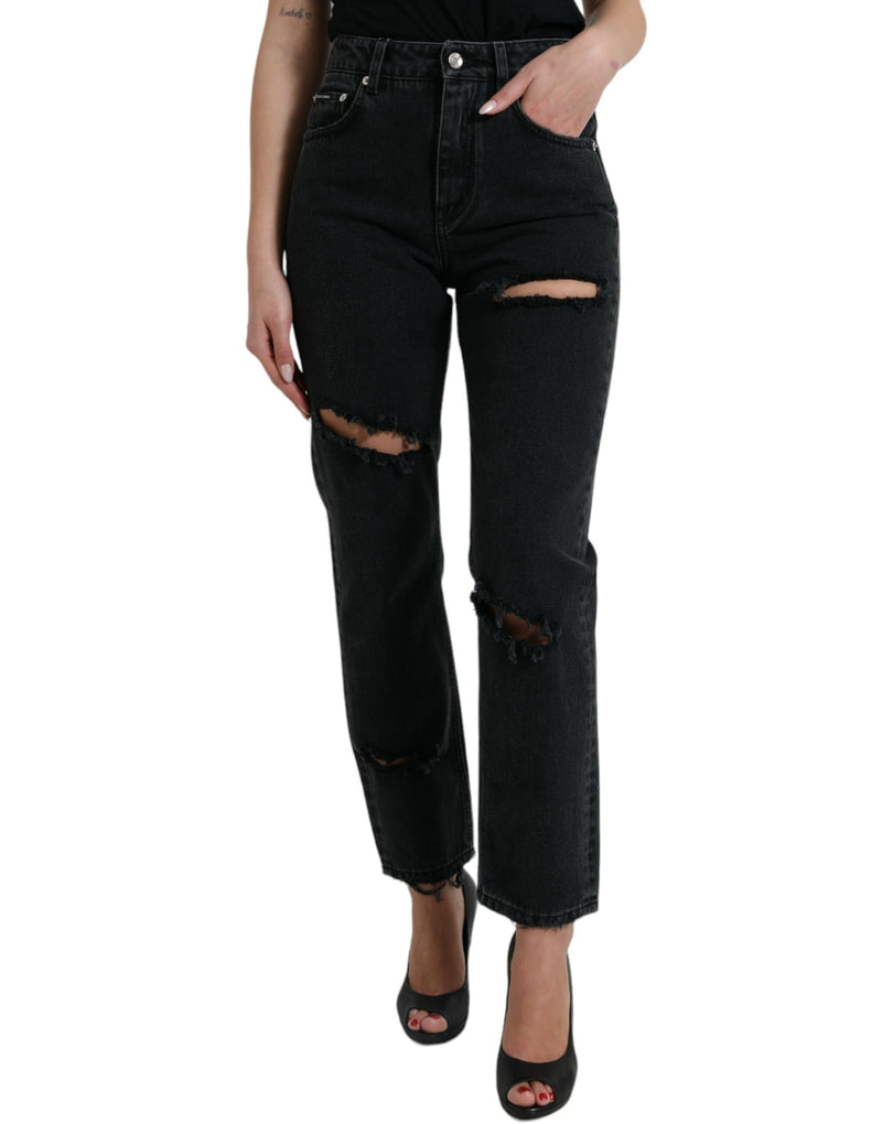 Dolce & Gabbana Jeans in denim di cotone nero strappato a vita alta
