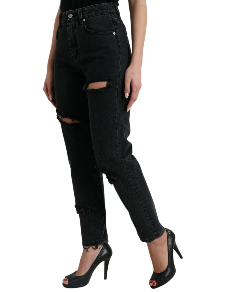 Dolce & Gabbana Jeans in denim di cotone nero strappato a vita alta