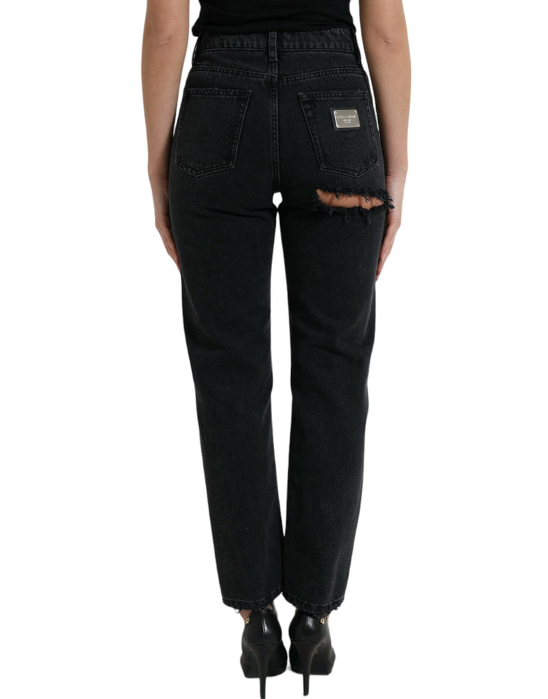 Dolce & Gabbana Jeans in denim di cotone nero strappato a vita alta