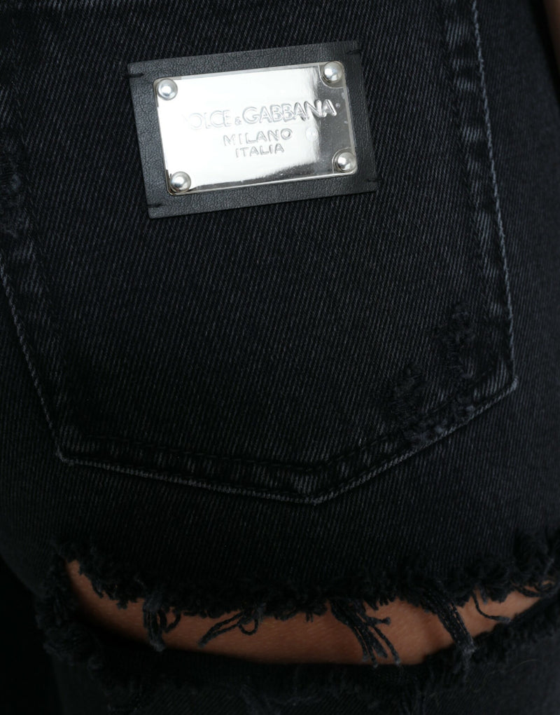 Dolce & Gabbana Jeans in denim di cotone nero strappato a vita alta