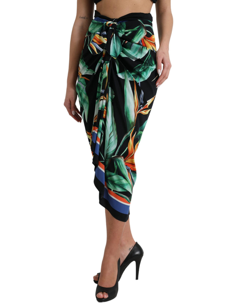 Jupe midi portefeuille Dolce & Gabbana noire à taille haute, motif Strelitzia