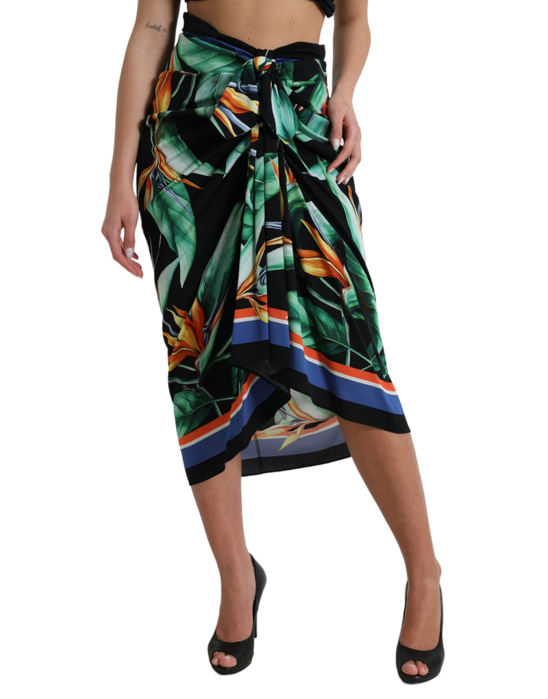 Jupe midi portefeuille Dolce & Gabbana noire à taille haute, motif Strelitzia