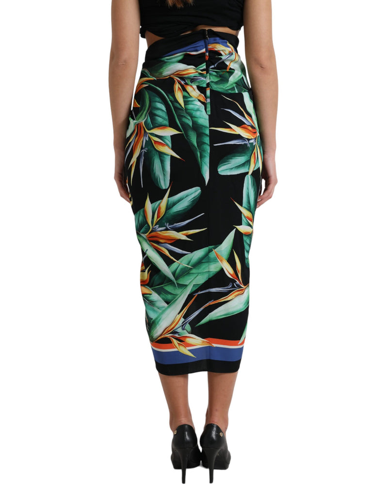 Jupe midi portefeuille Dolce & Gabbana noire à taille haute, motif Strelitzia