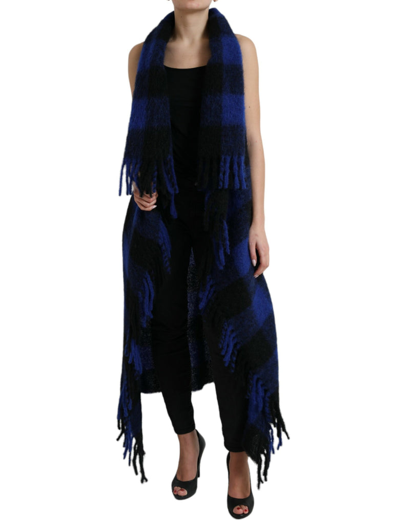 Poncho casaco suéter Dolce & Gabbana azul e preto com estampa xadrez búfalo