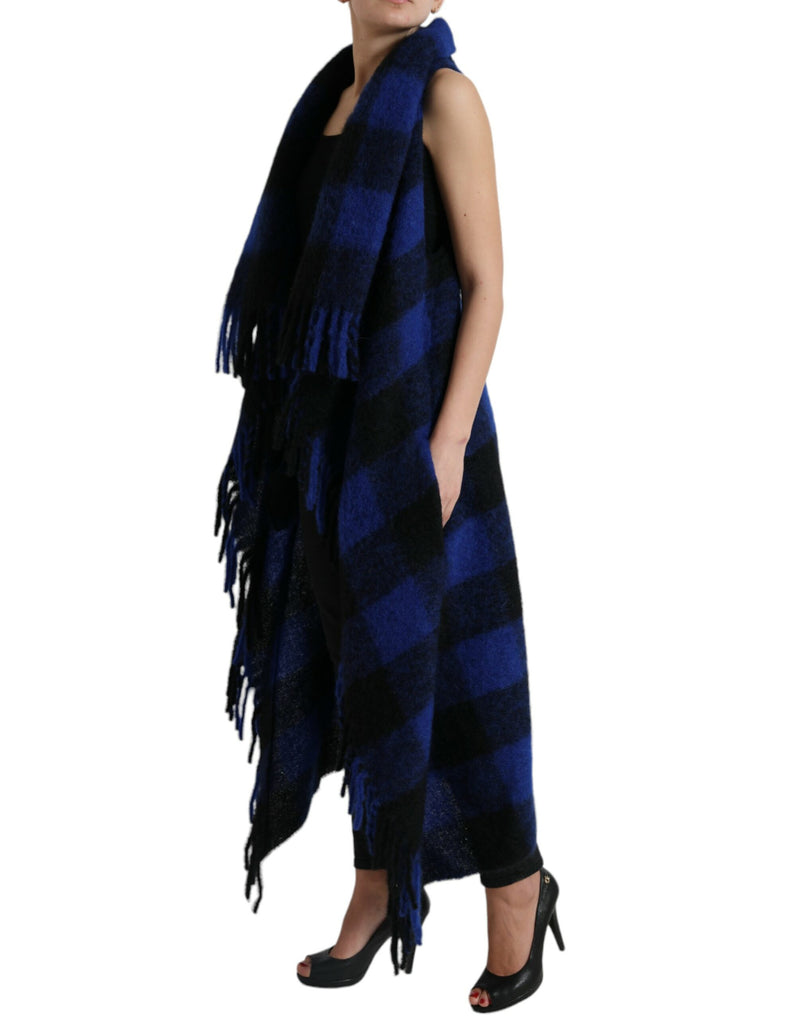 Poncho casaco suéter Dolce & Gabbana azul e preto com estampa xadrez búfalo