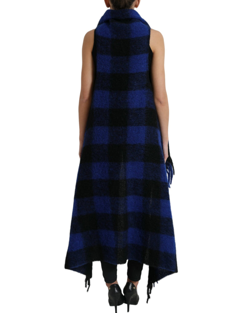 Poncho casaco suéter Dolce & Gabbana azul e preto com estampa xadrez búfalo