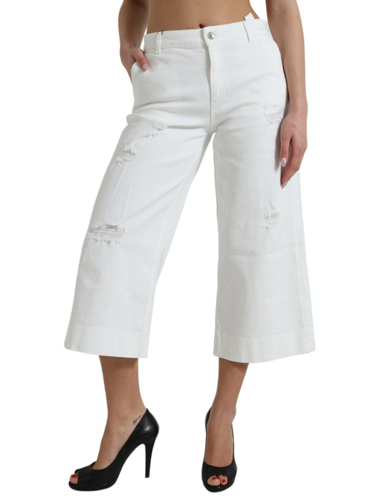 Dolce & Gabbana Jeans in denim di cotone bianco, cropped a gamba larga