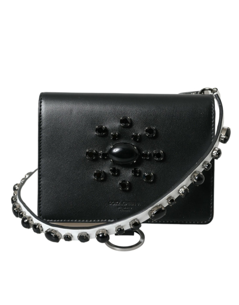 Tarjetero cartera de cuero negro y blanco adornado con cristales de Dolce & Gabbana