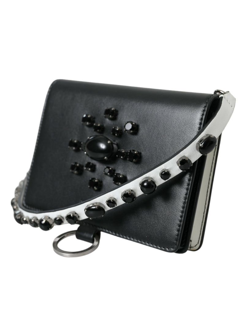 Tarjetero cartera de cuero negro y blanco adornado con cristales de Dolce & Gabbana