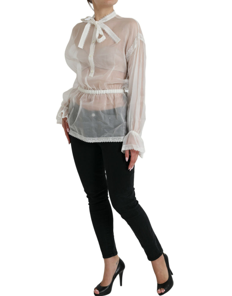 Blusa Dolce & Gabbana branca de seda com mangas longas e gola ascot
