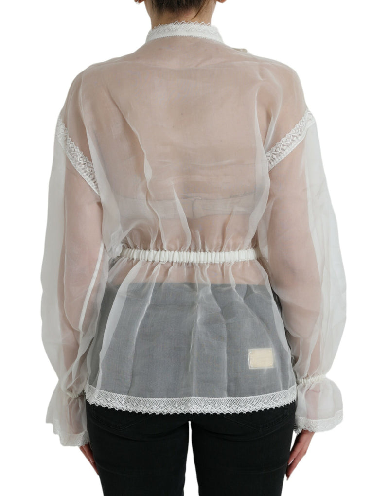 Blusa Dolce & Gabbana branca de seda com mangas longas e gola ascot