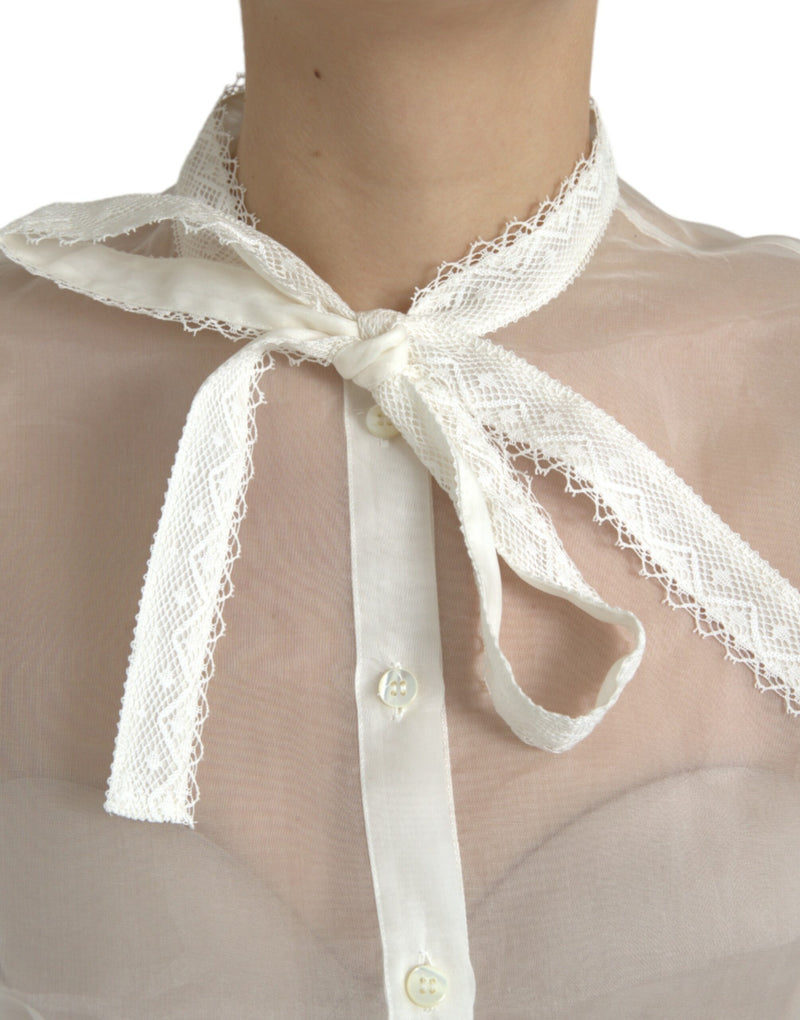 Blusa Dolce & Gabbana branca de seda com mangas longas e gola ascot