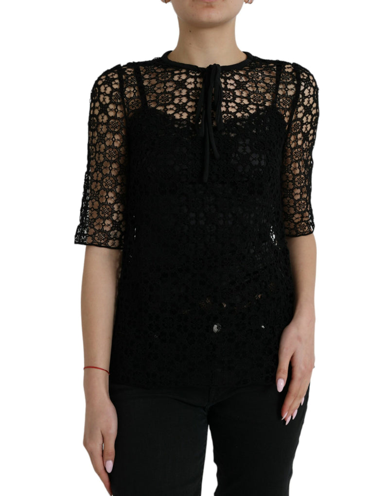 Blouse Dolce & Gabbana noire à manches courtes en dentelle florale