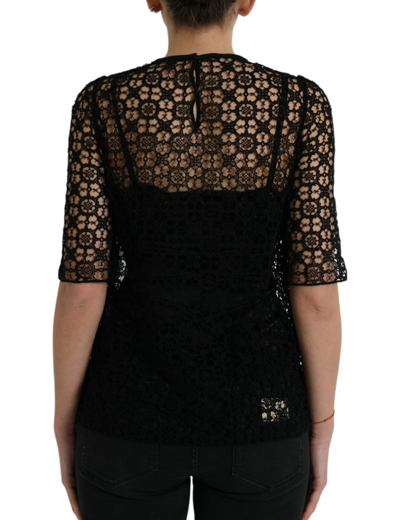 Blouse Dolce & Gabbana noire à manches courtes en dentelle florale