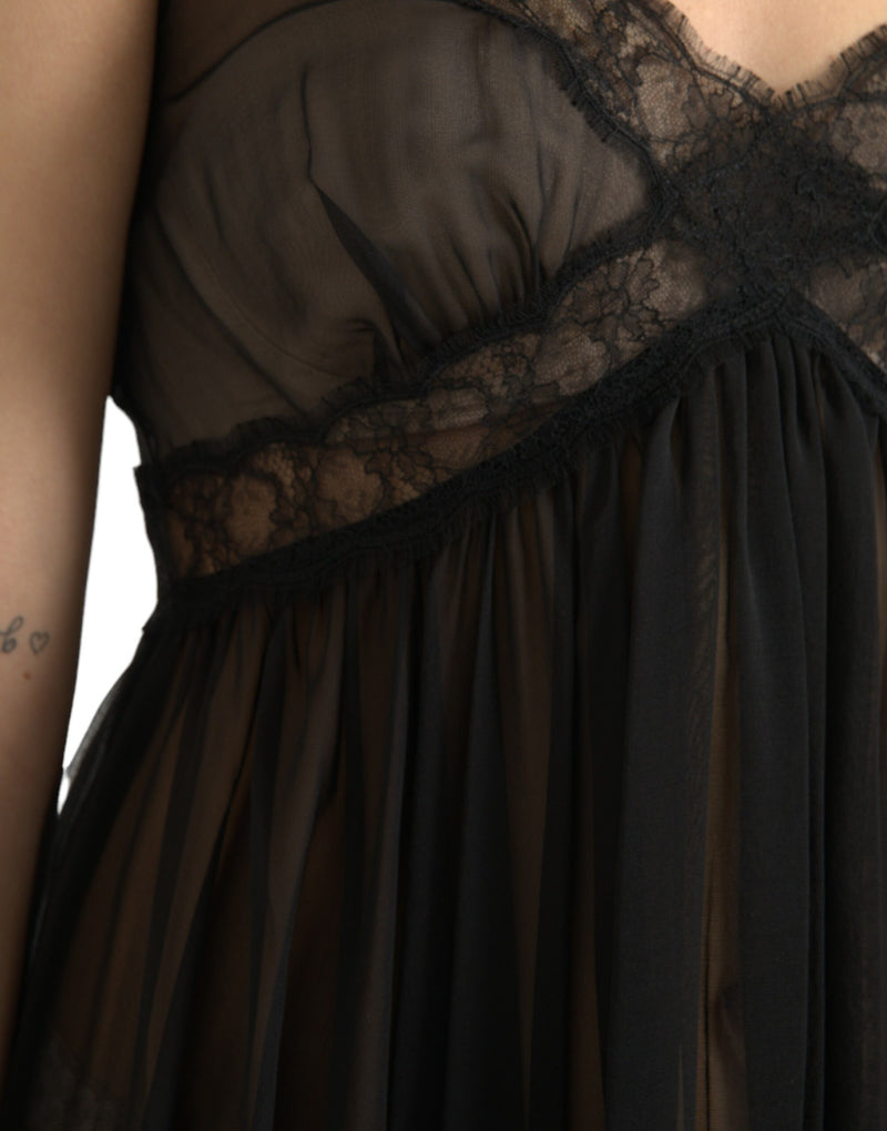 Vestido mini Dolce & Gabbana preto de seda plissada, chiffon e renda