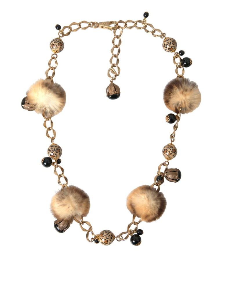 Cintura a catena Dolce & Gabbana color oro in ottone con leopardo, pelliccia e perle