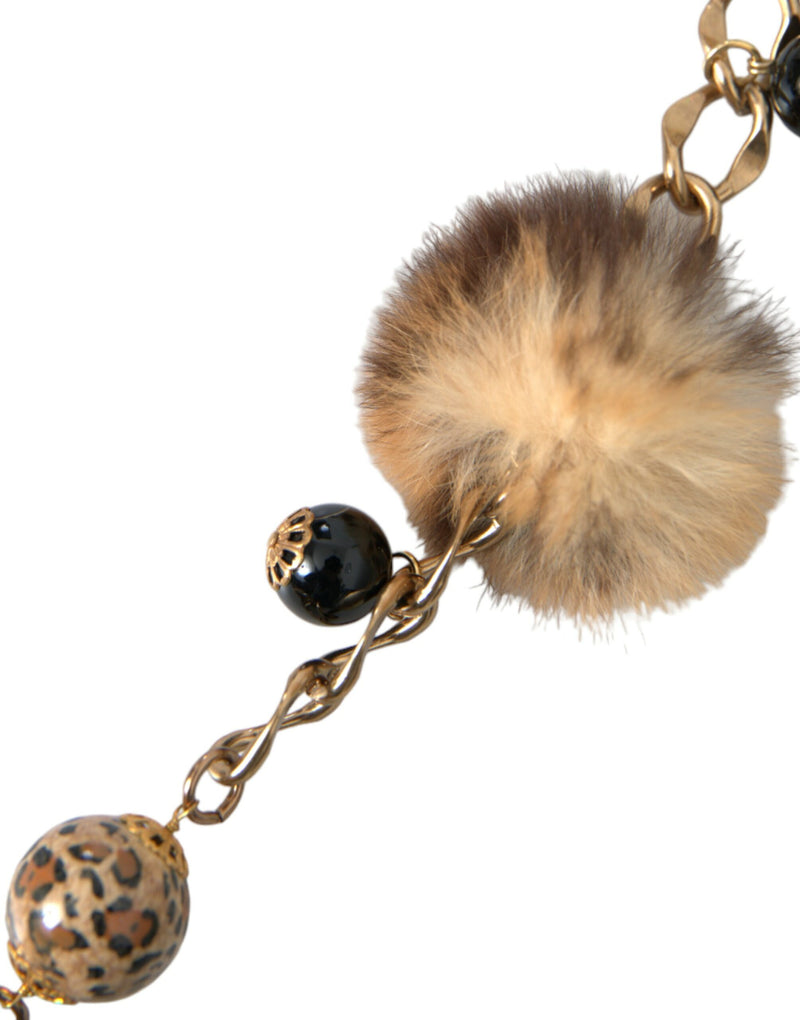 Cintura a catena Dolce & Gabbana color oro in ottone con leopardo, pelliccia e perle