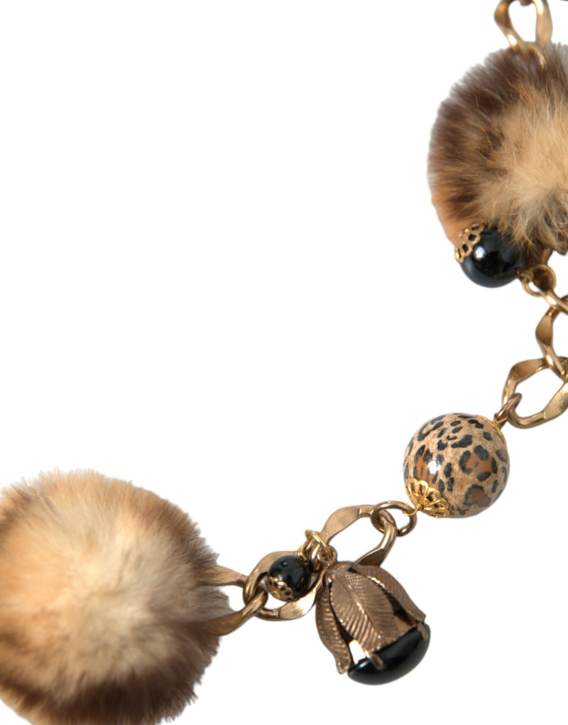 Cintura a catena Dolce & Gabbana color oro in ottone con leopardo, pelliccia e perle