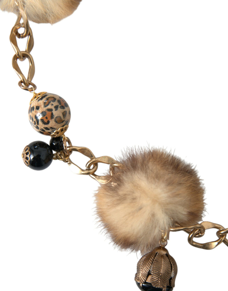 Cintura a catena Dolce & Gabbana color oro in ottone con leopardo, pelliccia e perle