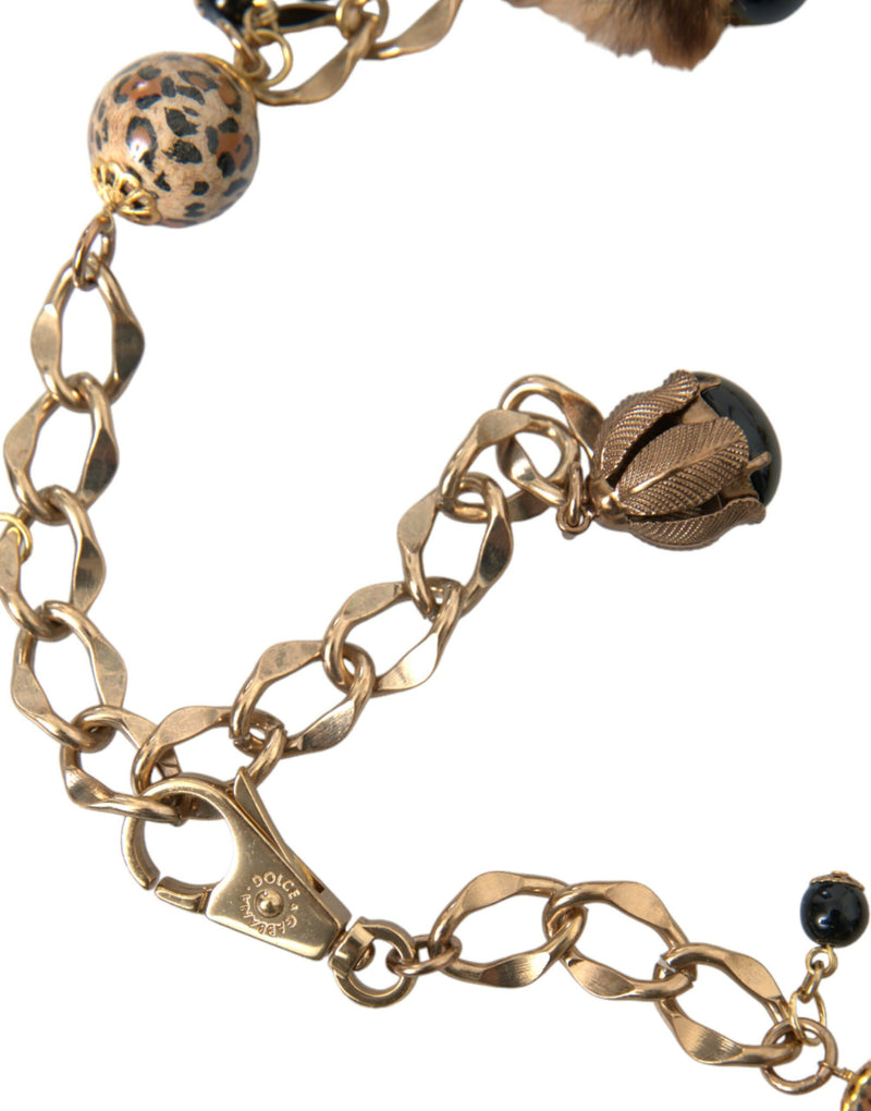 Cintura a catena Dolce & Gabbana color oro in ottone con leopardo, pelliccia e perle