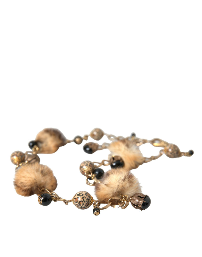 Cintura a catena Dolce & Gabbana color oro in ottone con leopardo, pelliccia e perle