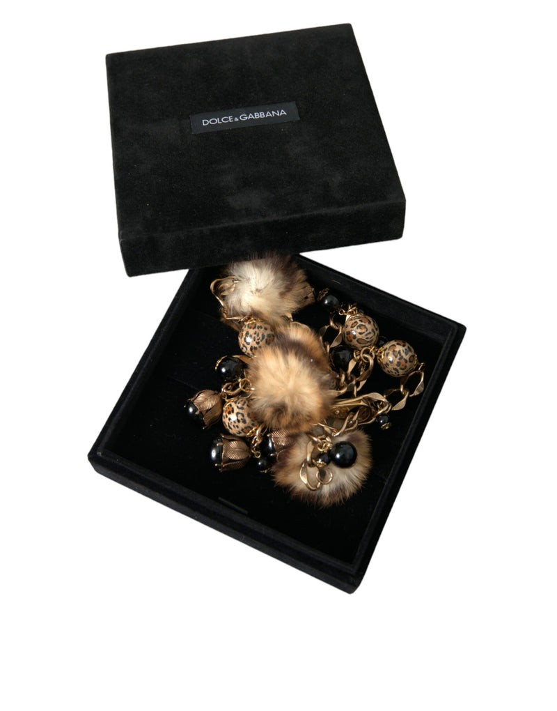 Cintura a catena Dolce & Gabbana color oro in ottone con leopardo, pelliccia e perle
